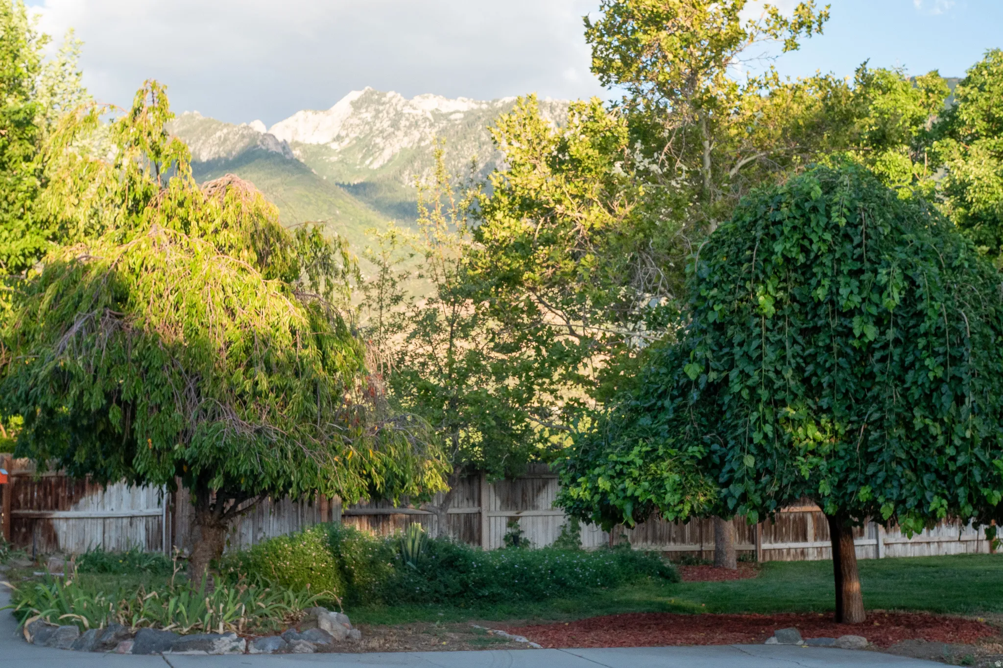Mature trees, mountain backdrop, wood fencing, landscaped garden beds, and manicured lawn