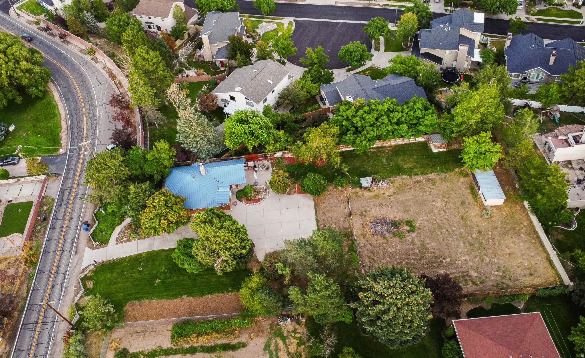 Expansive property featuring a blue metal roof, surrounding mature trees, a substantial paved driveway, and additional undeveloped land