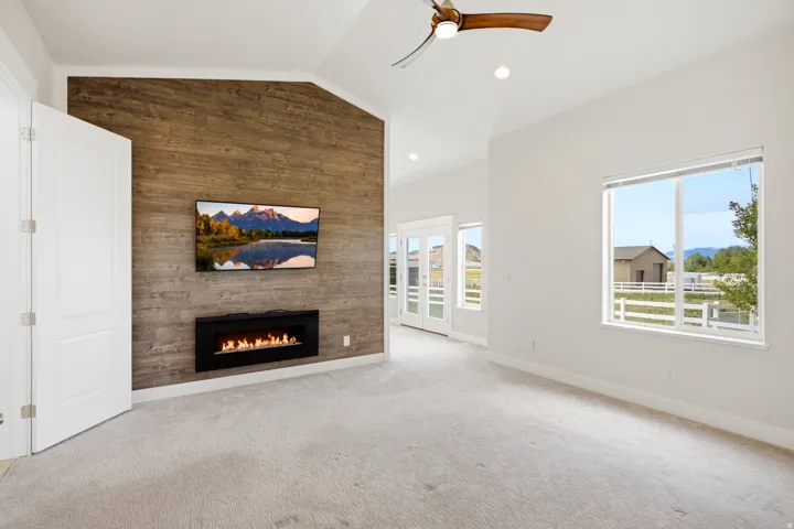 Wood-finish accent wall with an electric fireplace