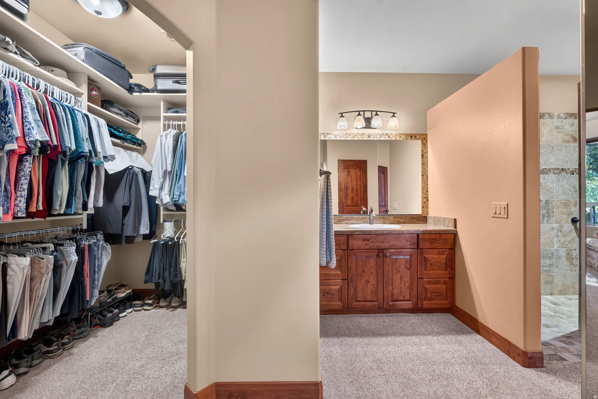 Walk-in closet with built-in shelving, carpet flooring, and integrated lighting