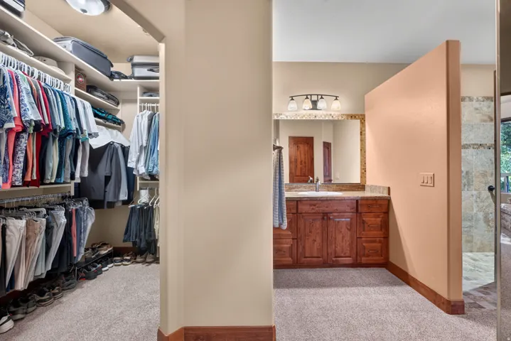 Walk-in closet with built-in shelving, carpet flooring, and integrated lighting