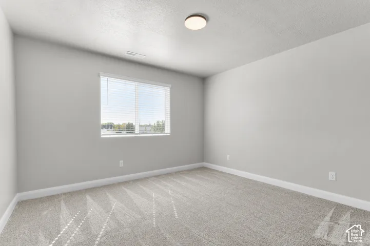 Neutral-toned interior space featuring light-colored wall-to-wall carpeting, a single window with horizontal blinds, and a circular flush-mount ceiling light fixture