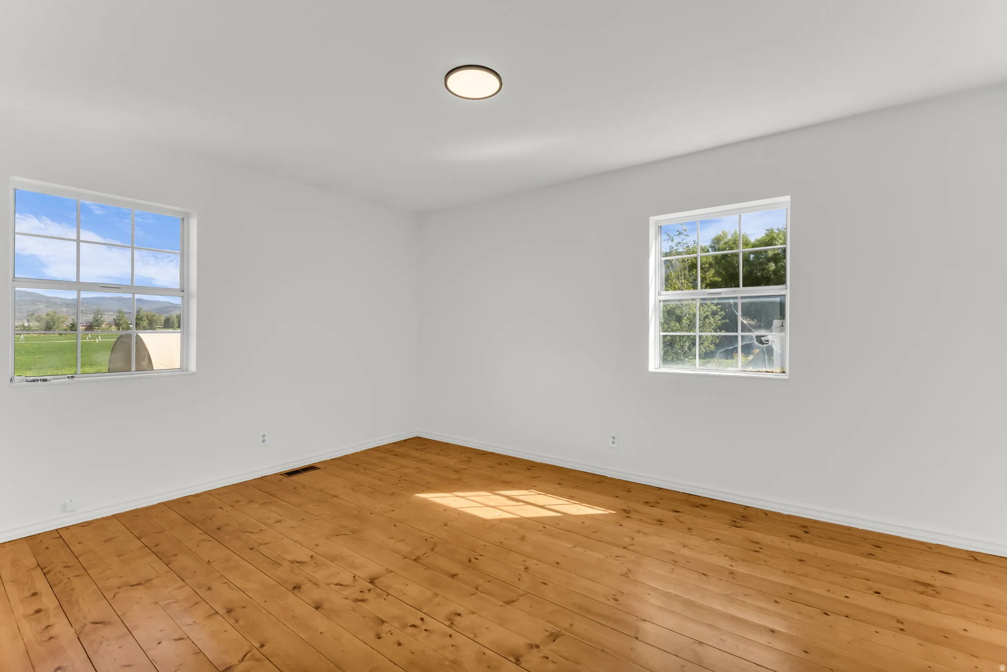 Wood flooring, white painted walls, and a flush mount ceiling light fixture