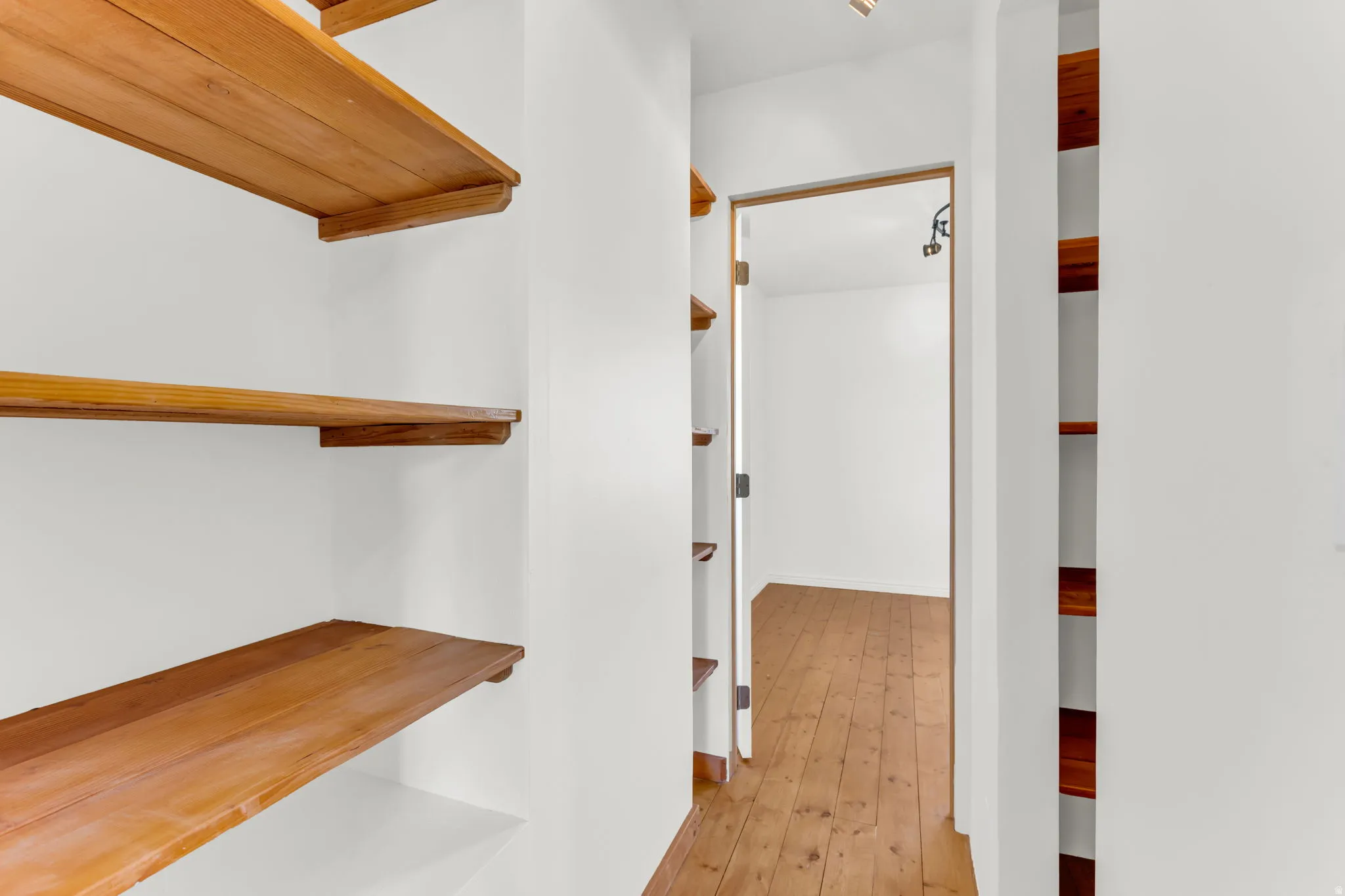 Built-in wood shelving, white wall finishes, and wood flooring