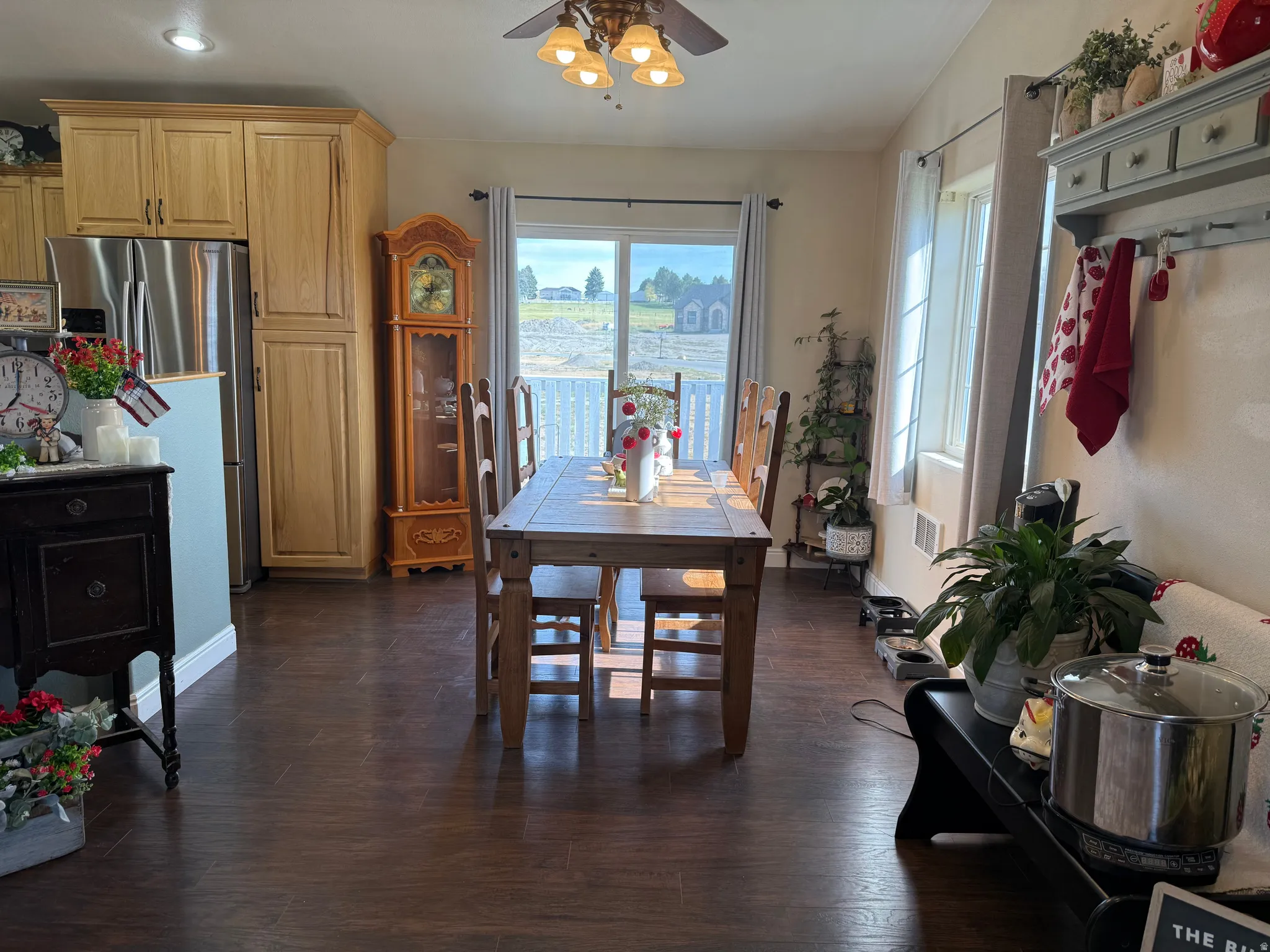 Dark wood-finish flooring throughout