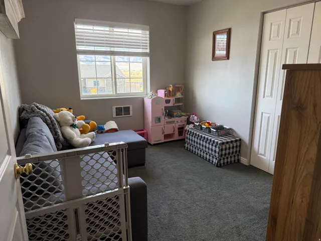 Window with white horizontal blinds, light gray wall finishes, gray carpet flooring, and white bi-fold closet doors