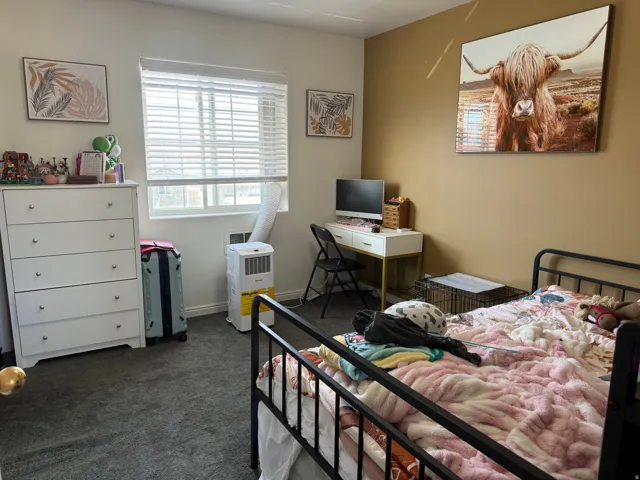 White framed window with horizontal blinds and light gray carpeted flooring