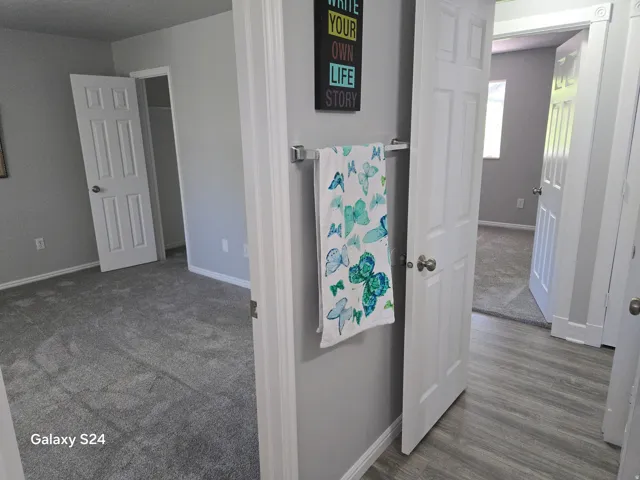 Gray wood-finish flooring complemented by gray carpet