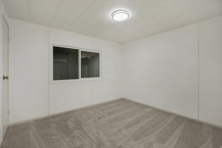 Wall-to-wall carpeting with a light gray pattern, white walls, and a ceiling-mounted light fixture