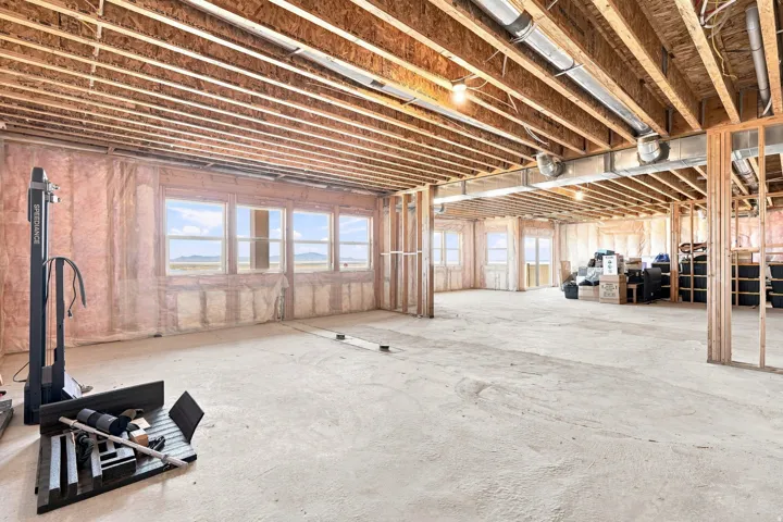Unfinished basement with exposed ceiling joists, concrete flooring, multiple framed windows, and insulation