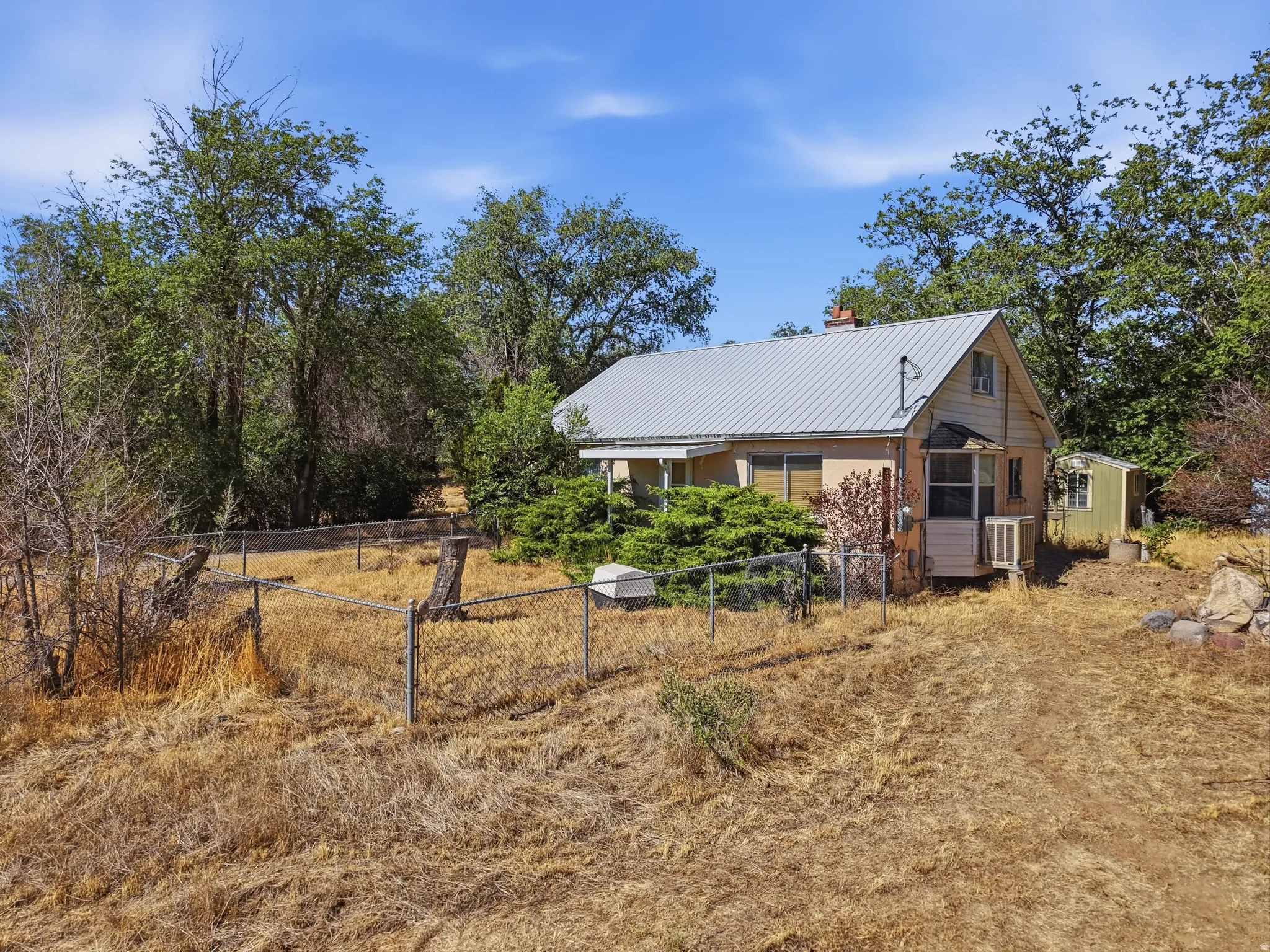 Metal roof, mature trees, and detached shed