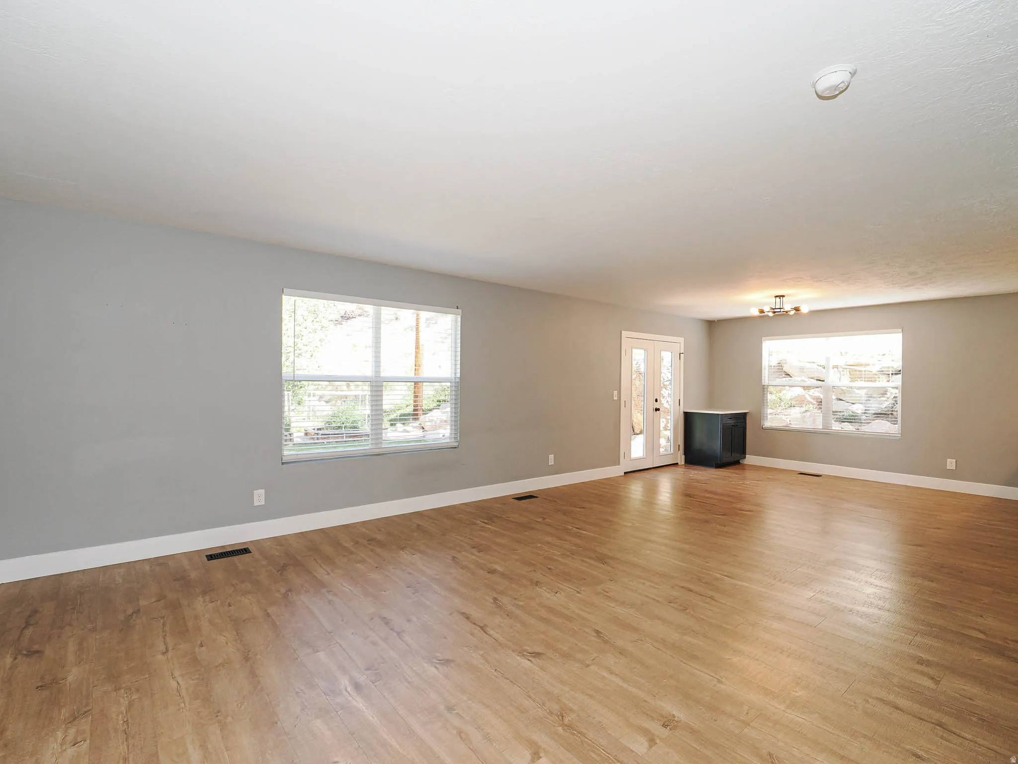 Expansive room featuring wood-finish flooring, light gray walls, multiple windows, and a ceiling-mounted light fixture