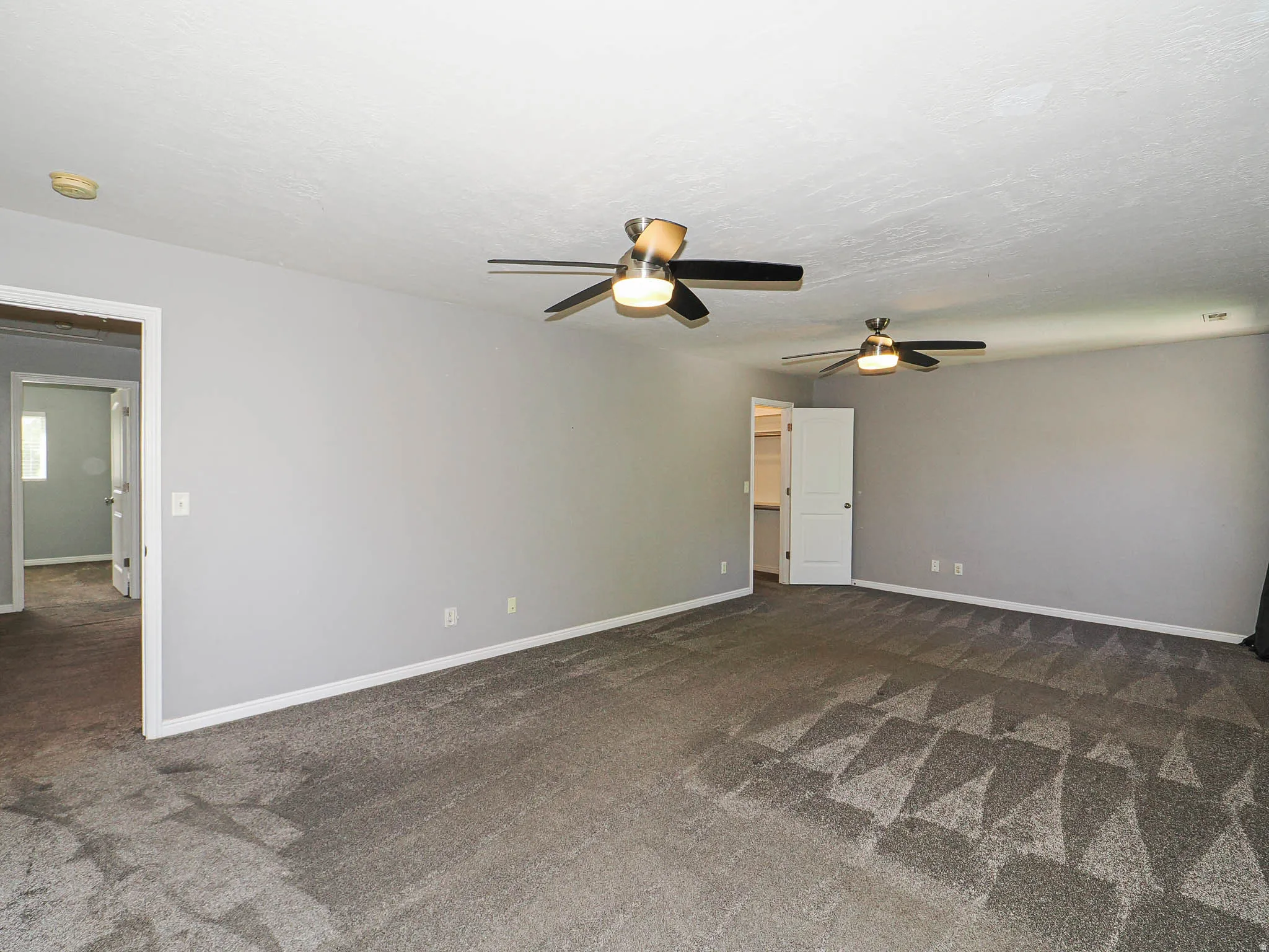 Spacious room featuring neutral wall tones, two ceiling fans with integrated lighting, and carpet flooring