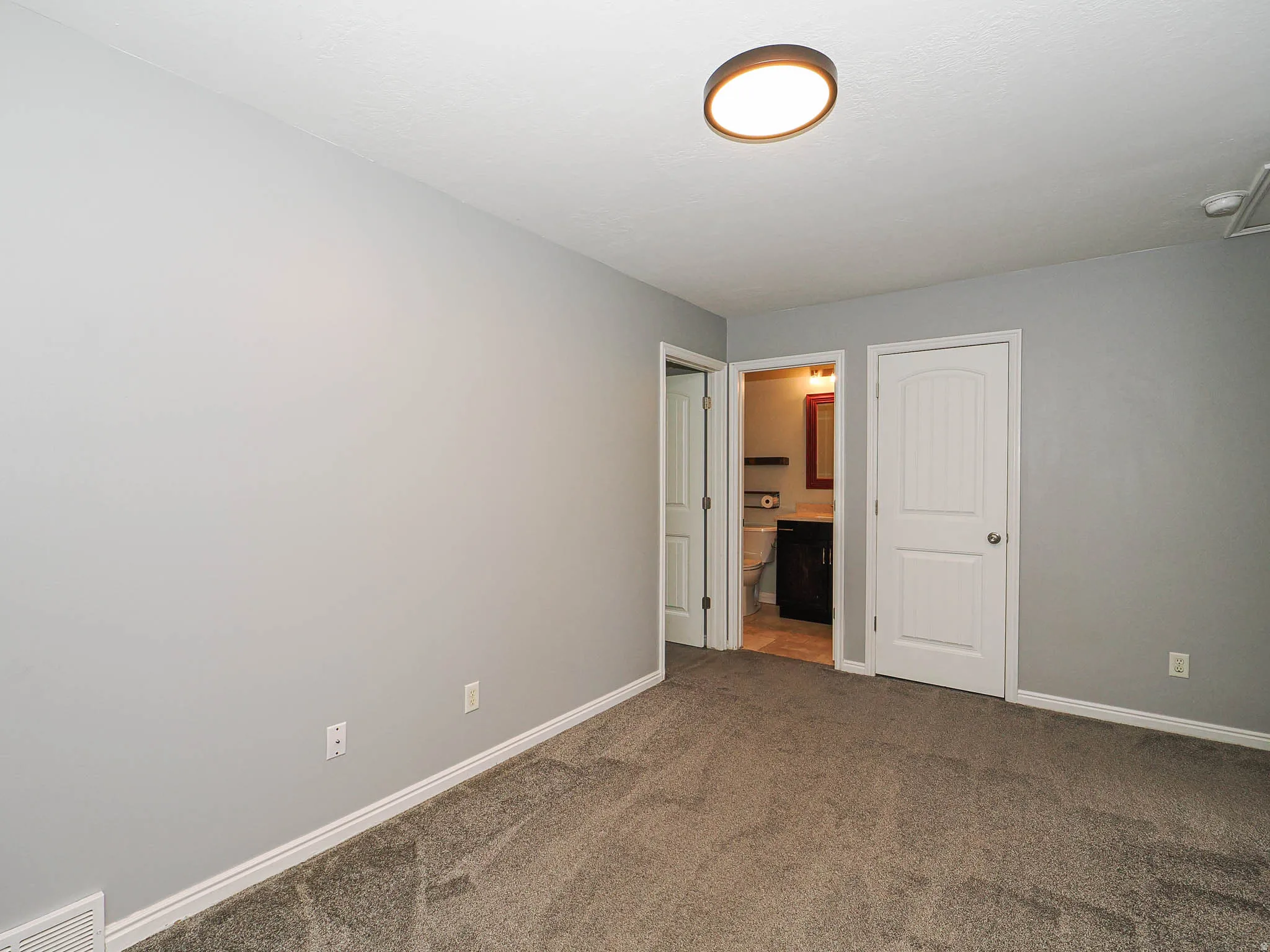 Gray wall color, textured carpeting, white trim, white paneled door, flush mount ceiling light