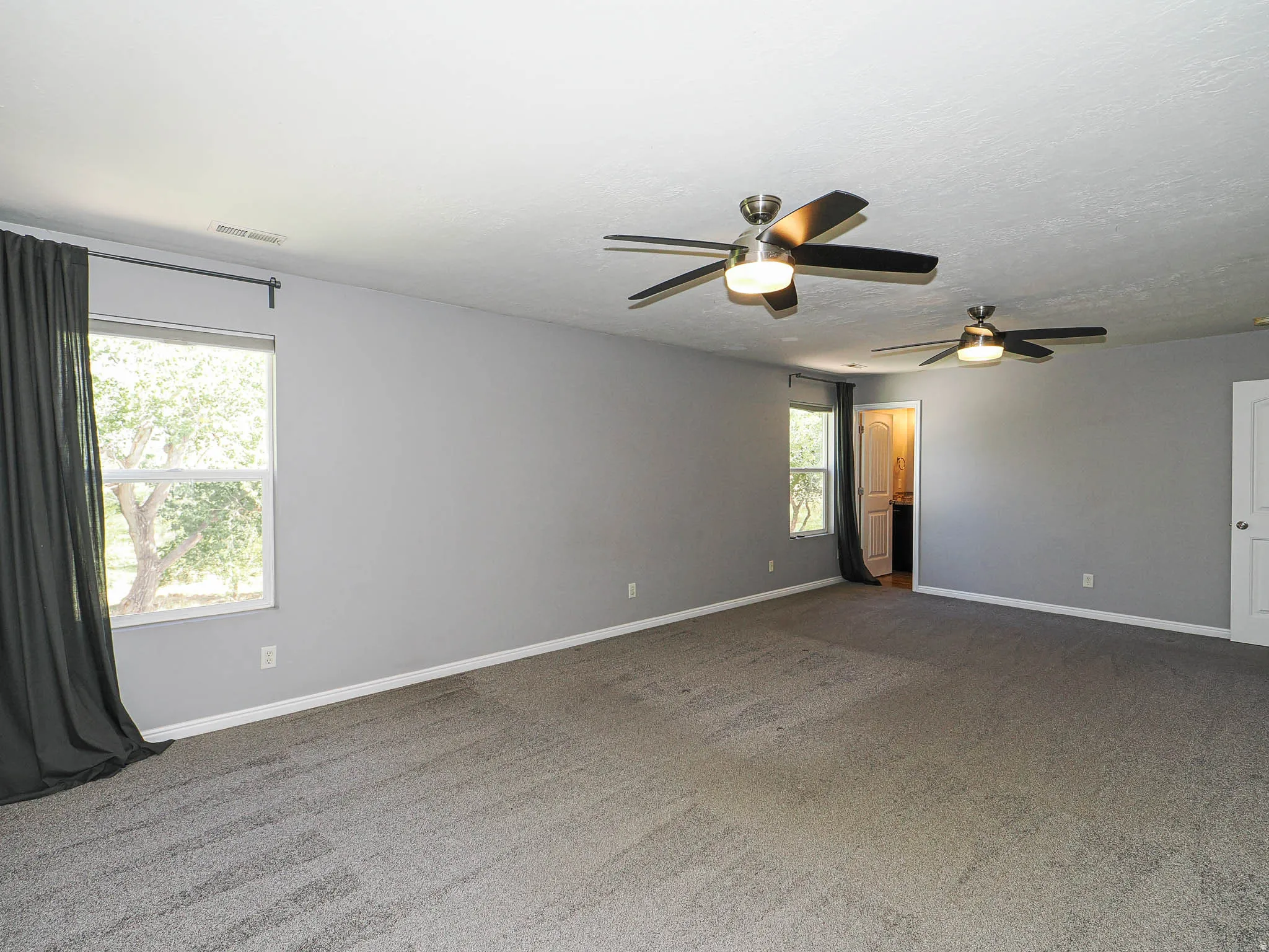 Spacious room featuring neutral carpeting, two windows, two ceiling fans with integrated lighting, and a white paneled door