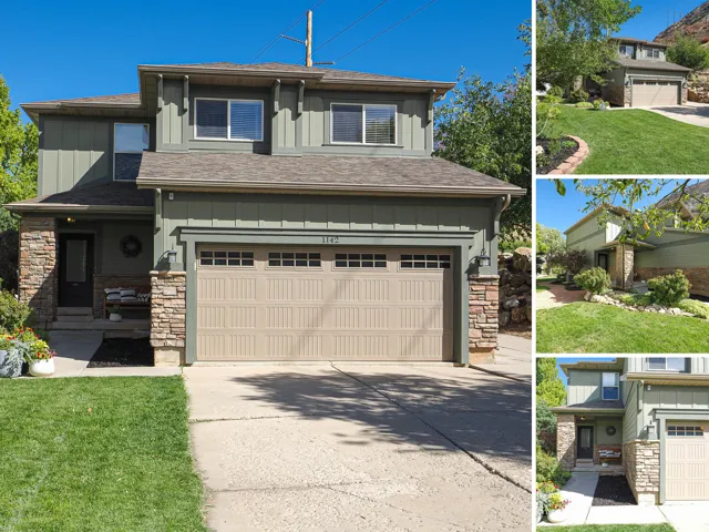 Two-story exterior with vertical siding and stone accents, featuring an integrated two-car garage and a covered entry