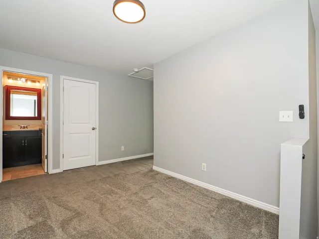 Gray carpeting, white trim, and a white interior door with an arched panel design