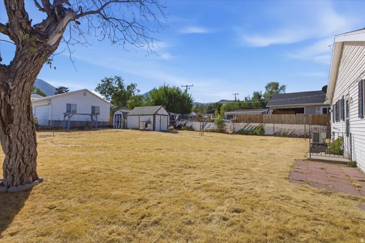 Expansive backyard with a large tree, red paver patio, and two detached storage sheds