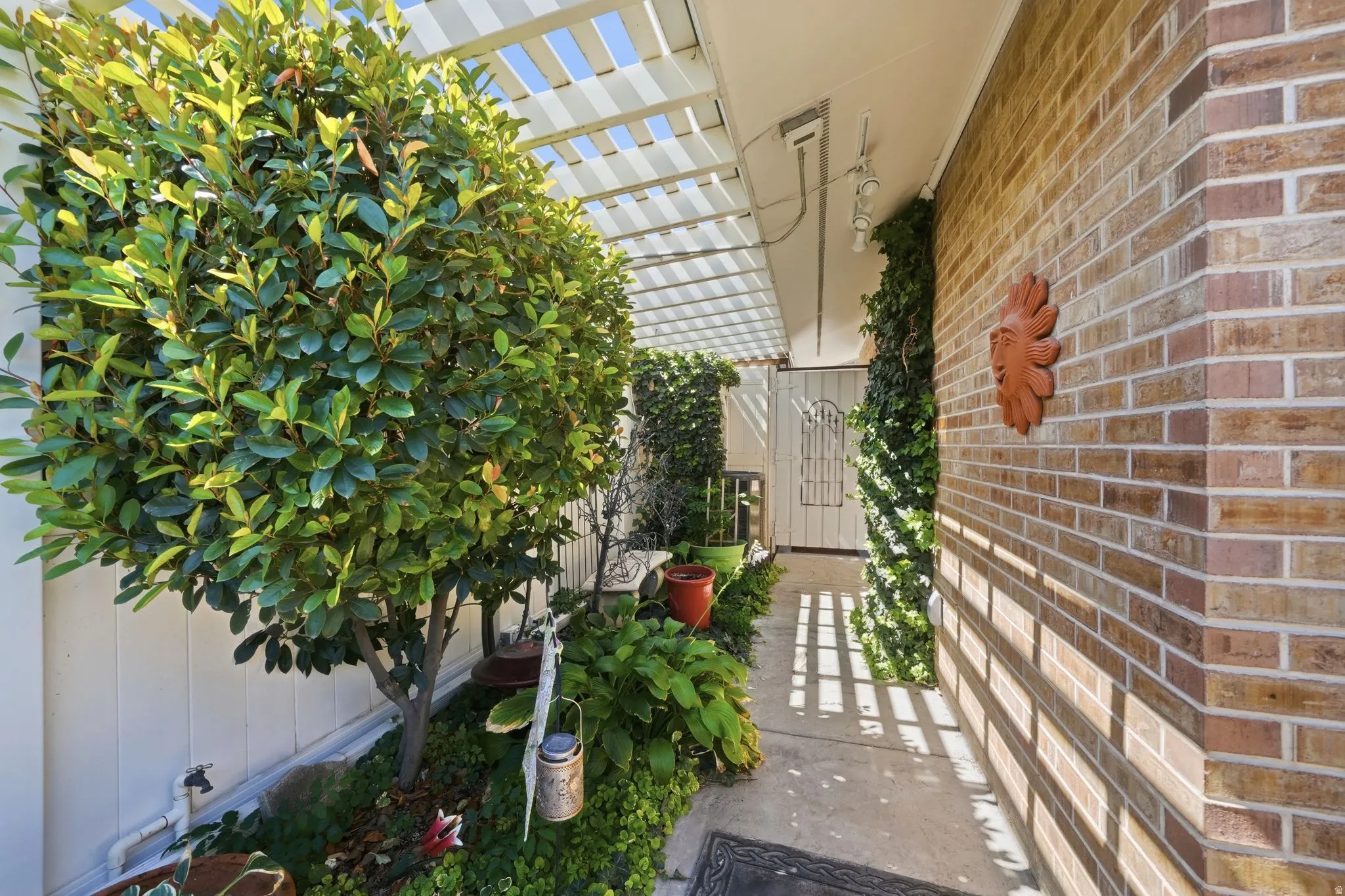 Brick exterior with an overhead trellis, concrete walkway, and established landscaping
