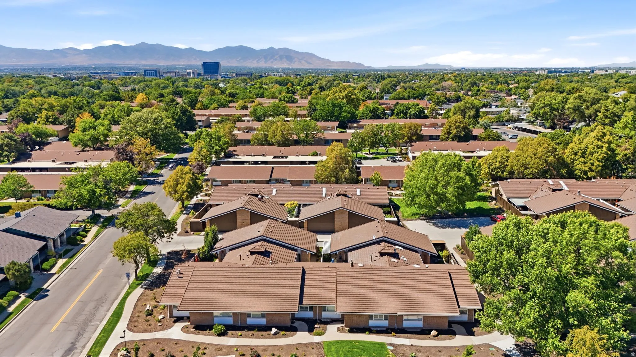 Aerial perspective showcasing multiple residential buildings with brown roofs, mature trees, landscaped grounds, and a paved street