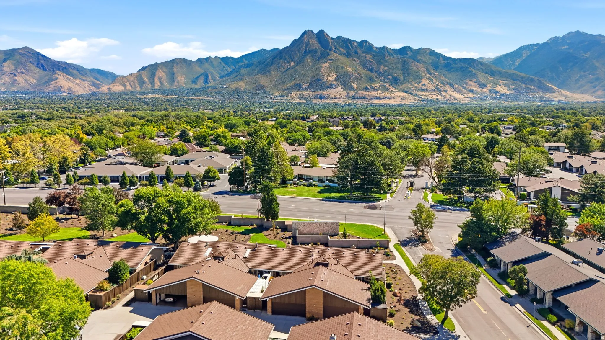 Community setting featuring mature trees and mountain scenery