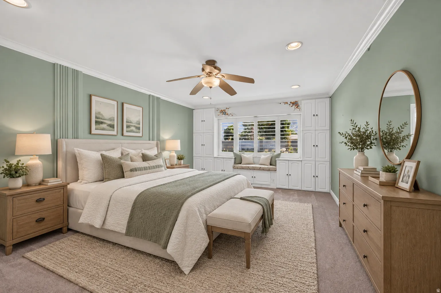 Built-in window seat with storage cabinetry, recessed lighting, ceiling fan, crown molding, and wall paneling