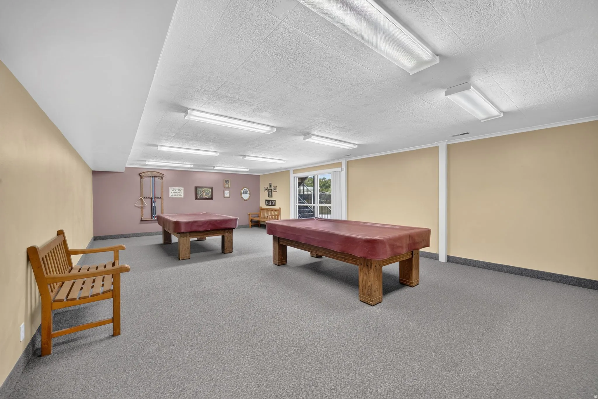 Recessed ceiling, neutral wall paint, light-colored carpet, multiple fluorescent light fixtures