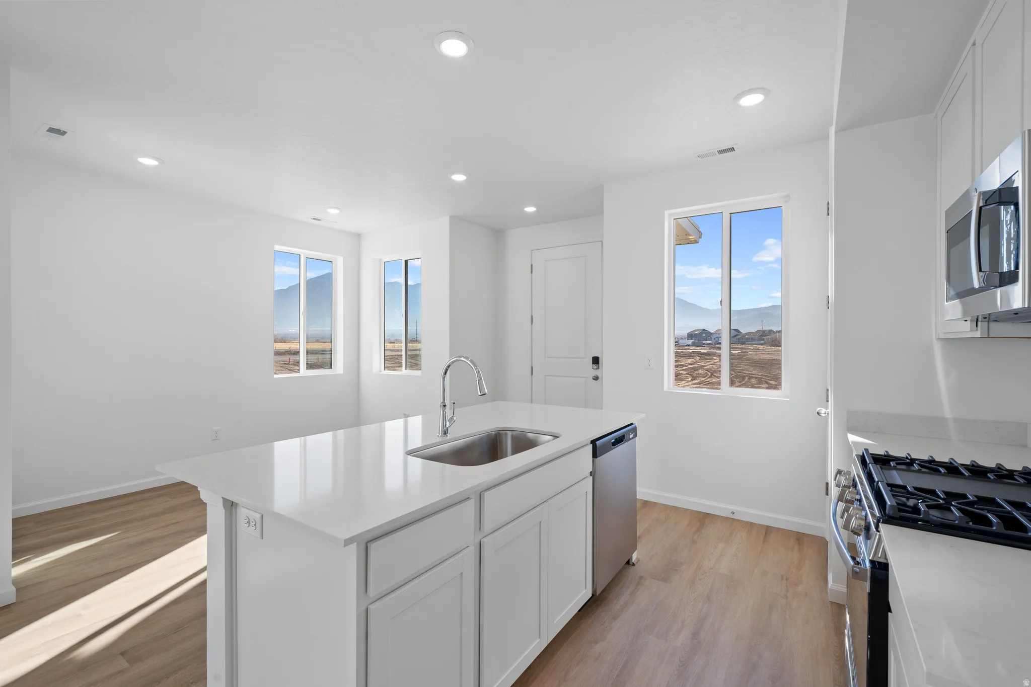Kitchen featuring an island with an undermount sink, stainless steel appliances, recessed lighting, and wood-finish flooring