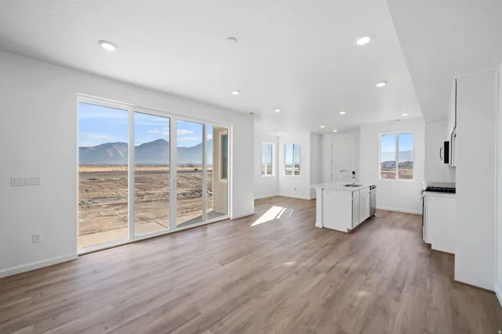Expansive sliding glass doors, recessed lighting, wood-finish flooring, kitchen island with sink, and white cabinetry