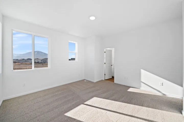 Recessed ceiling lighting, white interior walls, two windows, wall-to-wall carpeting, and an interior door