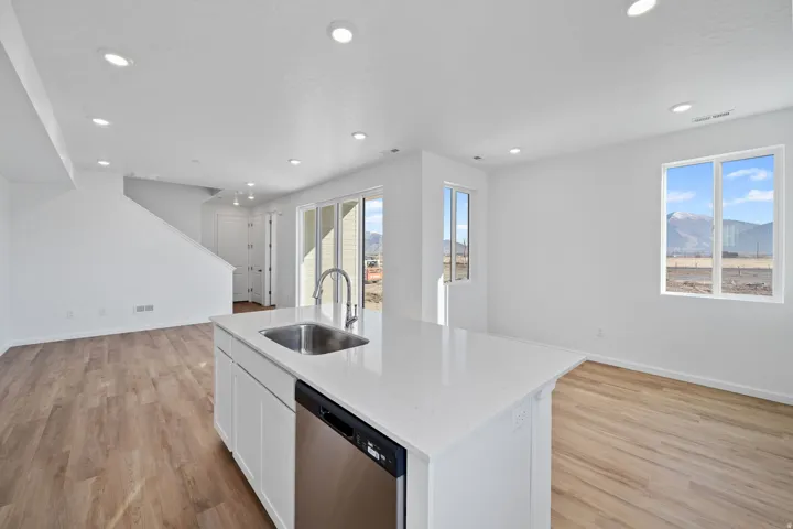 Kitchen island with a stainless-steel sink and faucet, integrated dishwasher, and a light-toned countertop