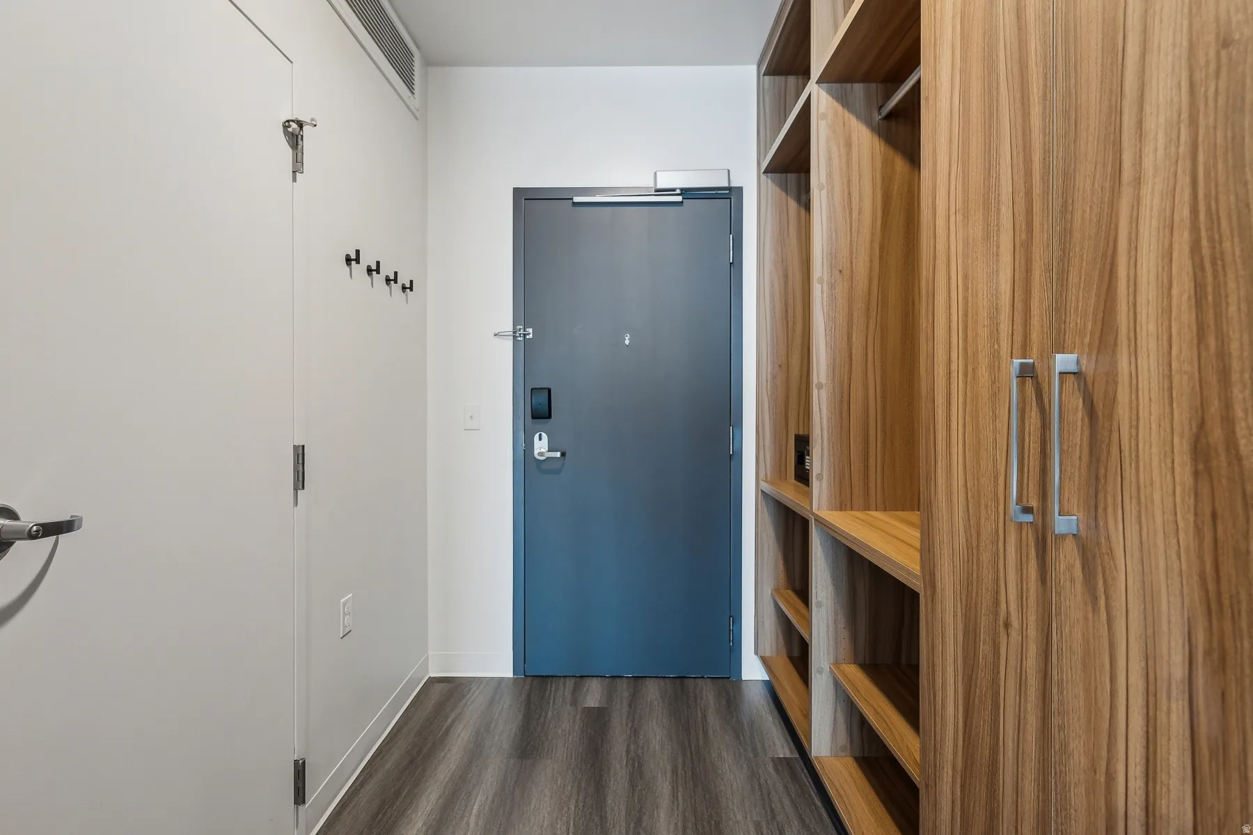 Wood-finish flooring, built-in storage with wood-finish shelving, and integrated wood-finish cabinetry with silver-tone hardware