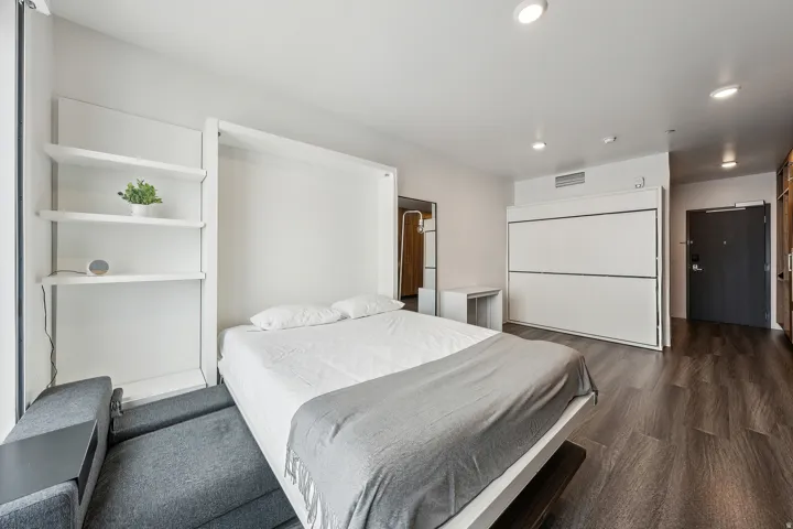 Built-in shelving, recessed ceiling lights, and wood-finish flooring