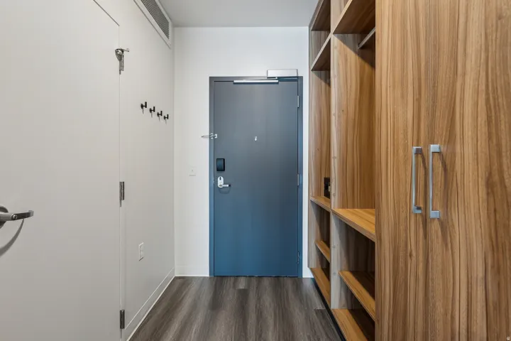 Wood-finish flooring, built-in storage with wood-finish shelving, and integrated wood-finish cabinetry with silver-tone hardware
