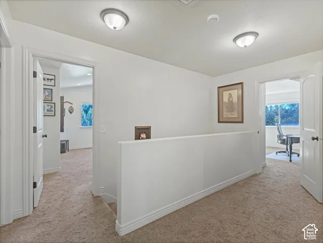 Carpeted hallway with white walls and trim, featuring two flush-mount ceiling lights