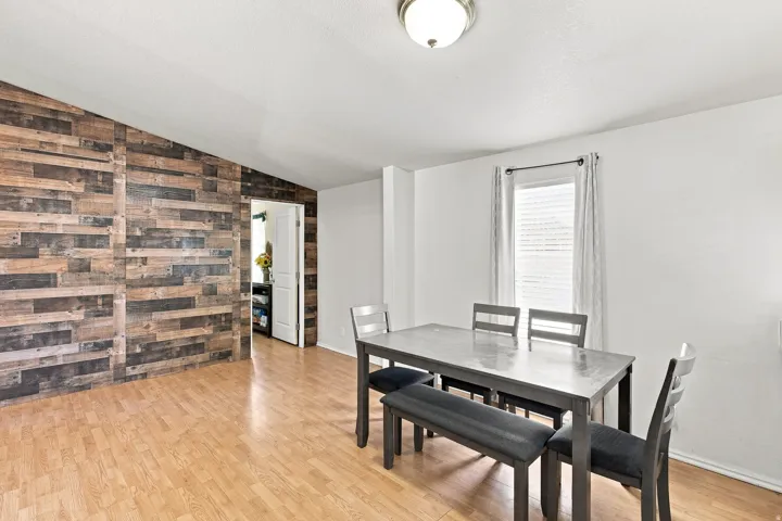 Wood-finish flooring with a decorative wood accent wall