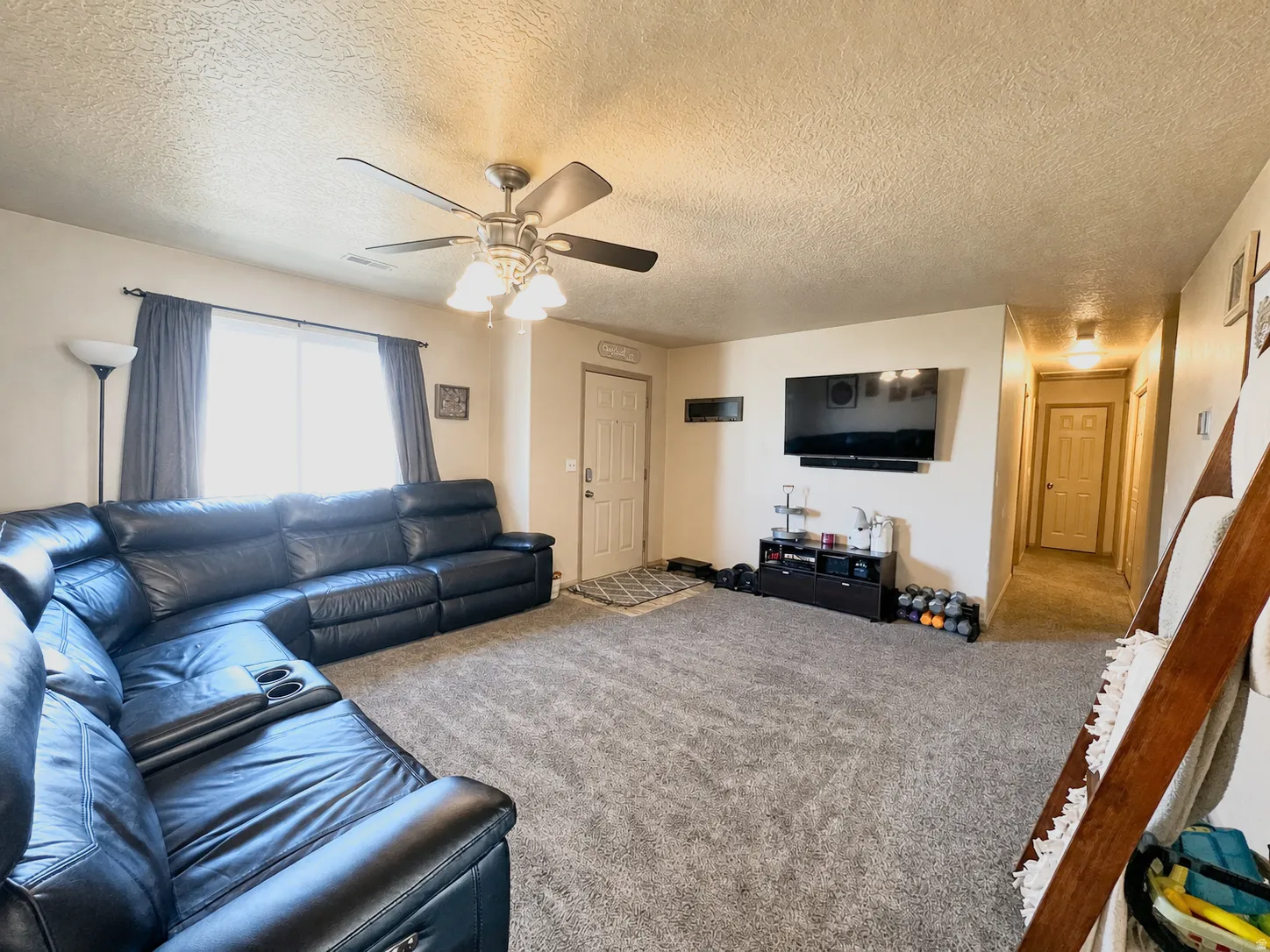 Carpeted living space with a ceiling fan, recessed lighting in the hallway, and a paneled entry door