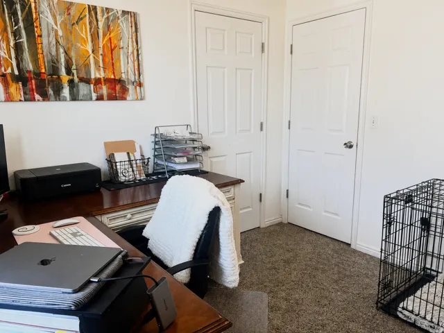 Carpeted room featuring multiple panel doors and white painted walls