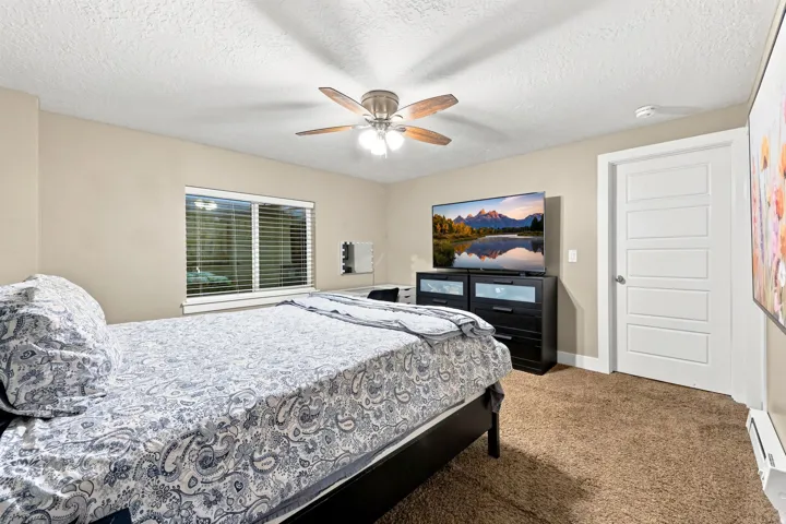 Carpeted room with a ceiling fan, window with blinds, and white panel door