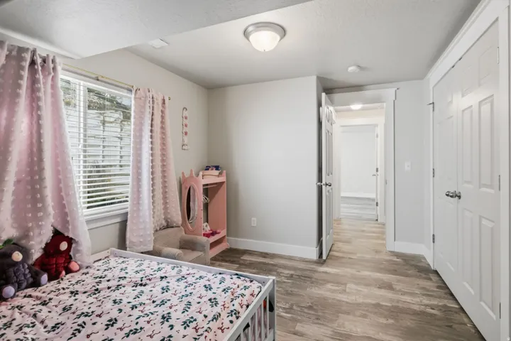 Wood-finish flooring, white paneled doors, recessed lighting, and a window with blinds