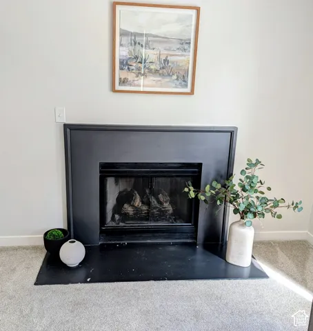 Contemporary fireplace featuring a black surround with gas logs and hearth, complemented by neutral carpeting and soft natural lighting from nearby windows