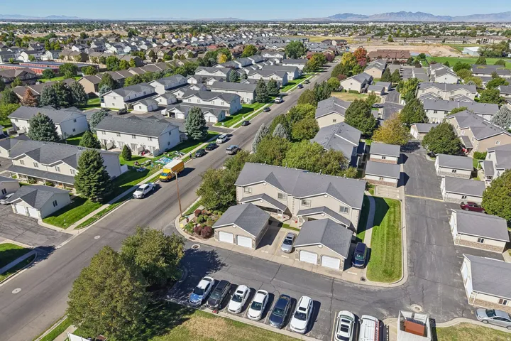 Residential community with uniform rooflines and varied landscaping