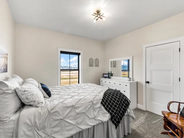 Window with exterior scenery, textured carpet, white interior door with black hardware, and an overhead lighting fixture