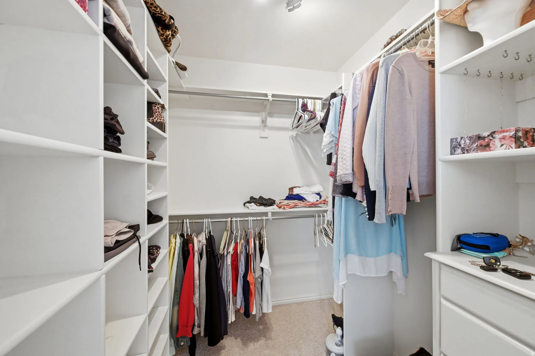 Primary bedroom walk-in closet featuring extensive built-in shelving, multiple hanging rods, and integrated drawers