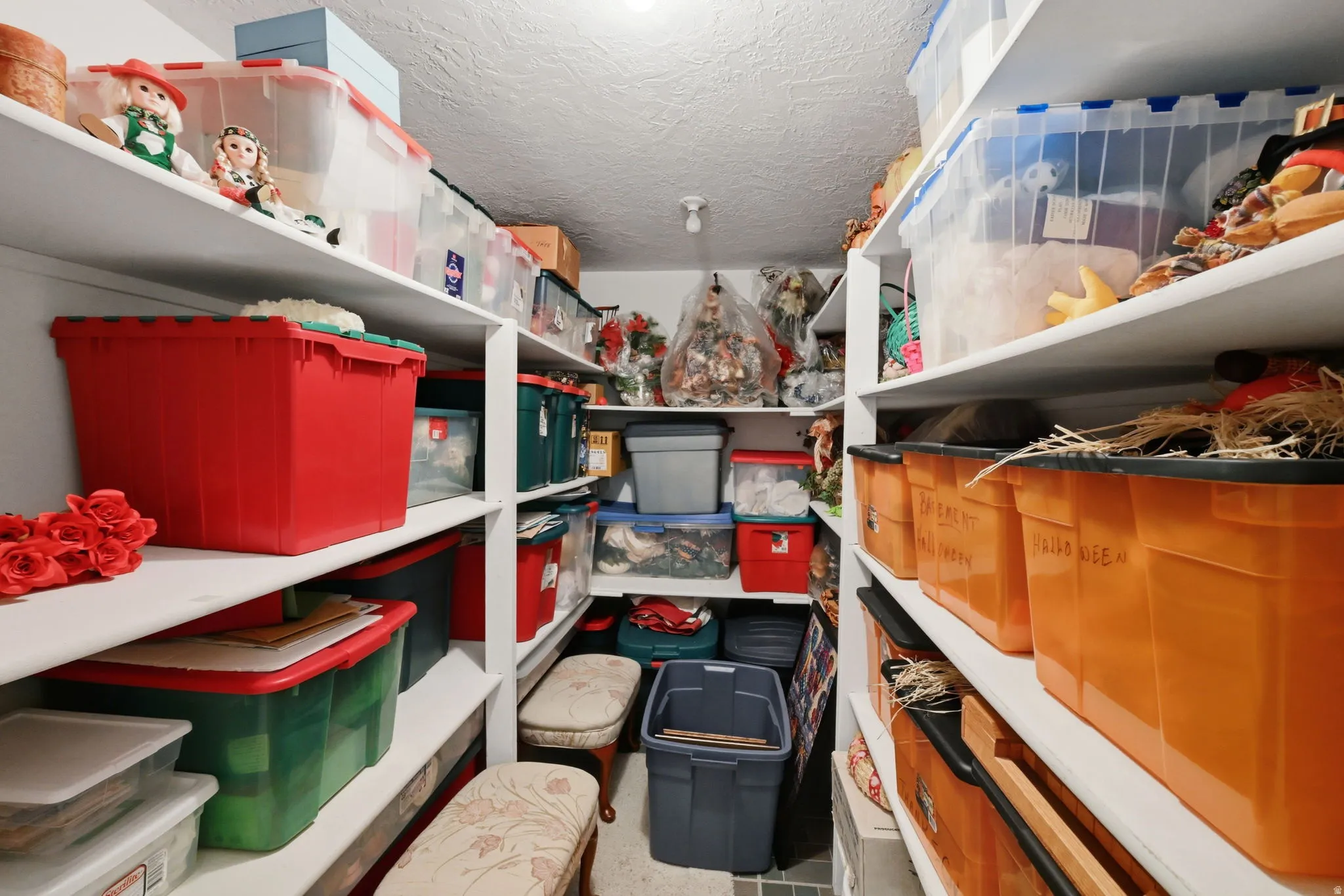 Huge storage closet in basement with lots of shelving