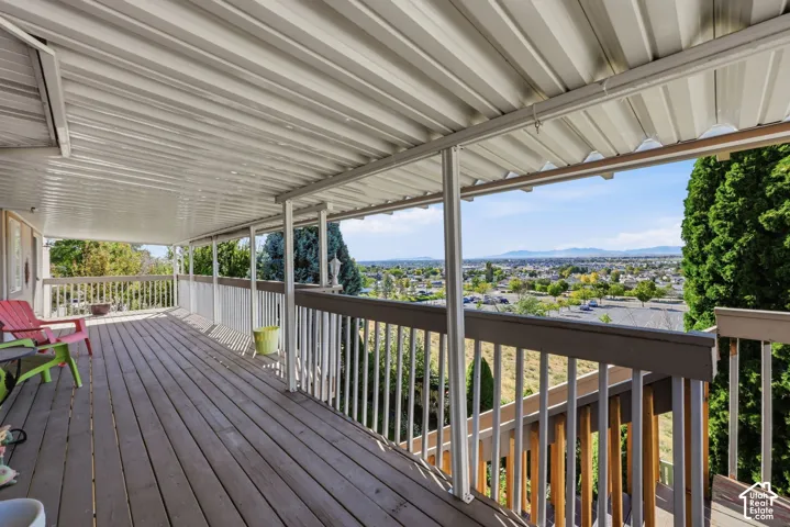 Expansive covered deck with wood flooring and a sturdy railing system
