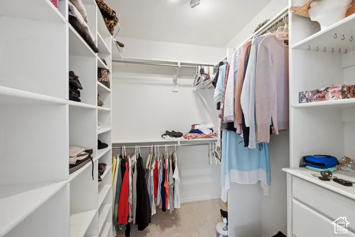 Primary bedroom walk-in closet featuring extensive built-in shelving, multiple hanging rods, and integrated drawers