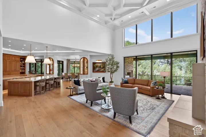 Custom ceiling, expansive windows, oak wood-finish flooring, built-in cabinetry, stone fireplace