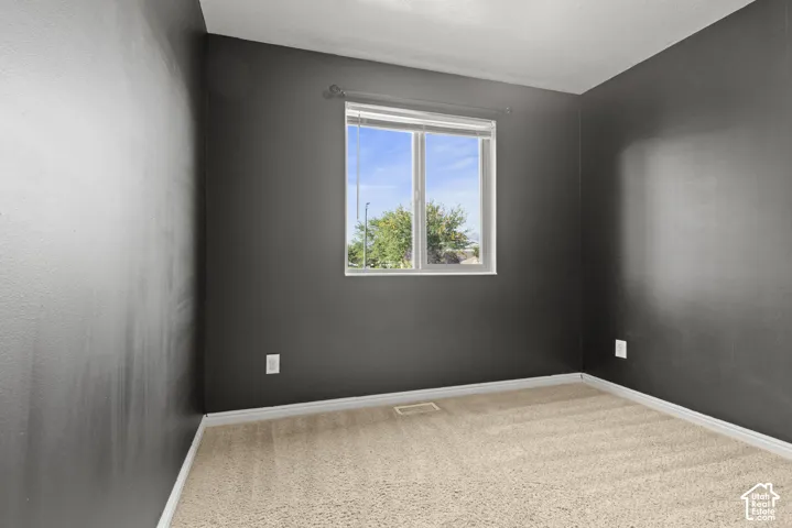 Carpeted flooring, single window with blinds, white trim, and dark-toned walls