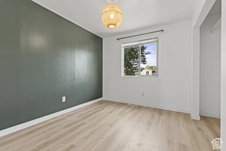 Accent wall, wood-finish flooring, single window, overhead lighting fixture, and built-in closet space